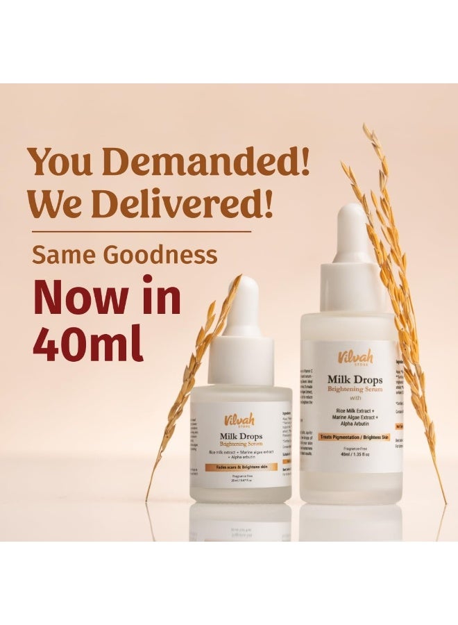 Vilvah Store Milk Drops Brightening Serum Formulated With Rice Milk Extract, Marine Algae Extract, Alpha Arbutin, Fades Scars, Brightens Skin & Even Skin Tone For All Skin Type, 40ml - Image 2